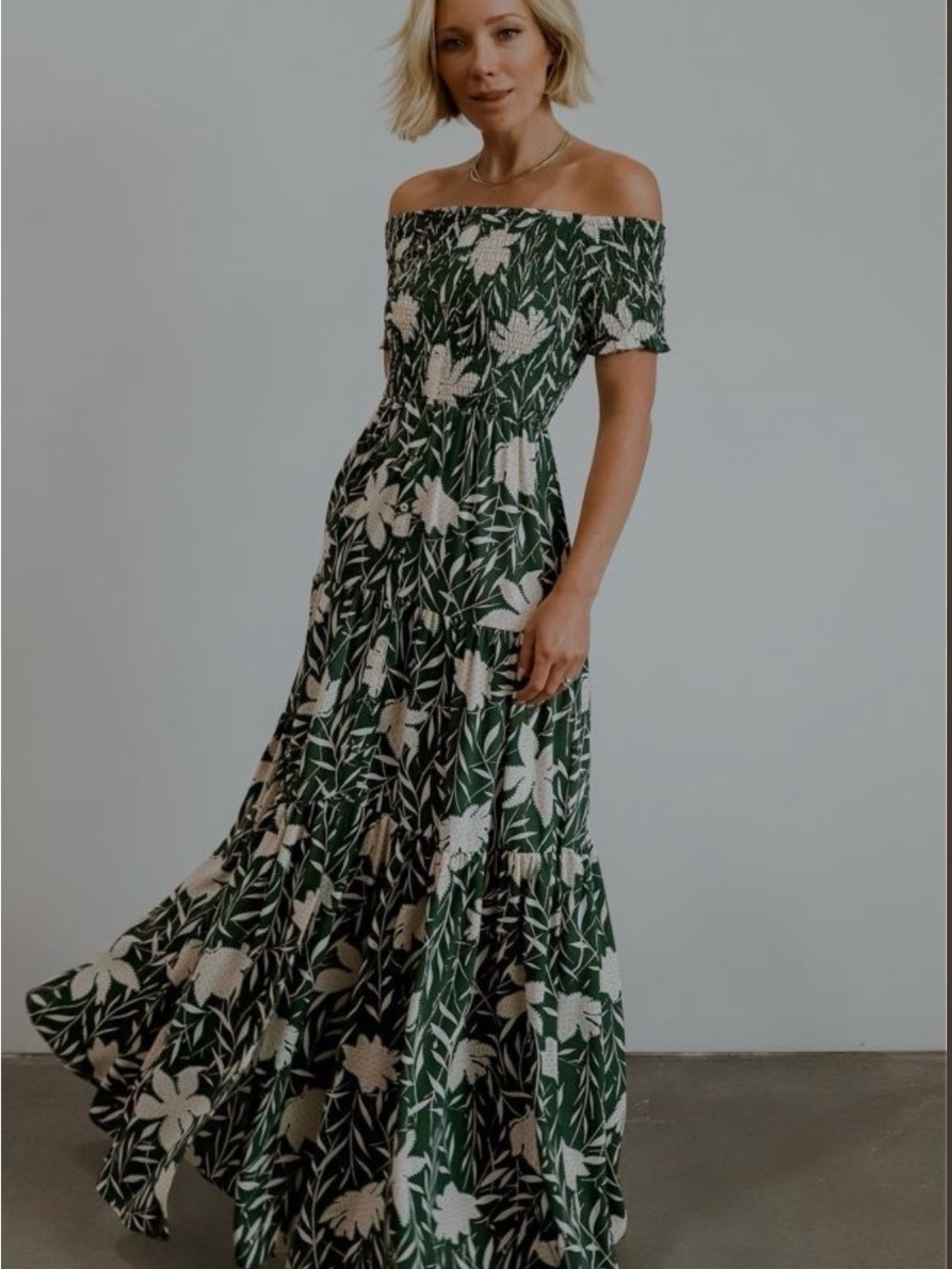 Baltic Born Becca smocked Green and White One-Shoulder Floral Maxi